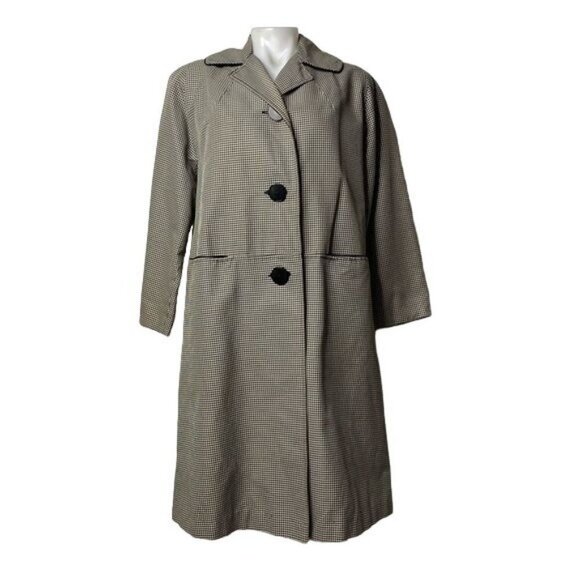 Vintage Canadian Maid Gray Plaid Overcoat Jacket Button Trench Nylon Coat Size L - Picture 1 of 12